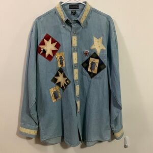 LA Loving soft jean jacket covered with early American patchwork designs Sz Lg